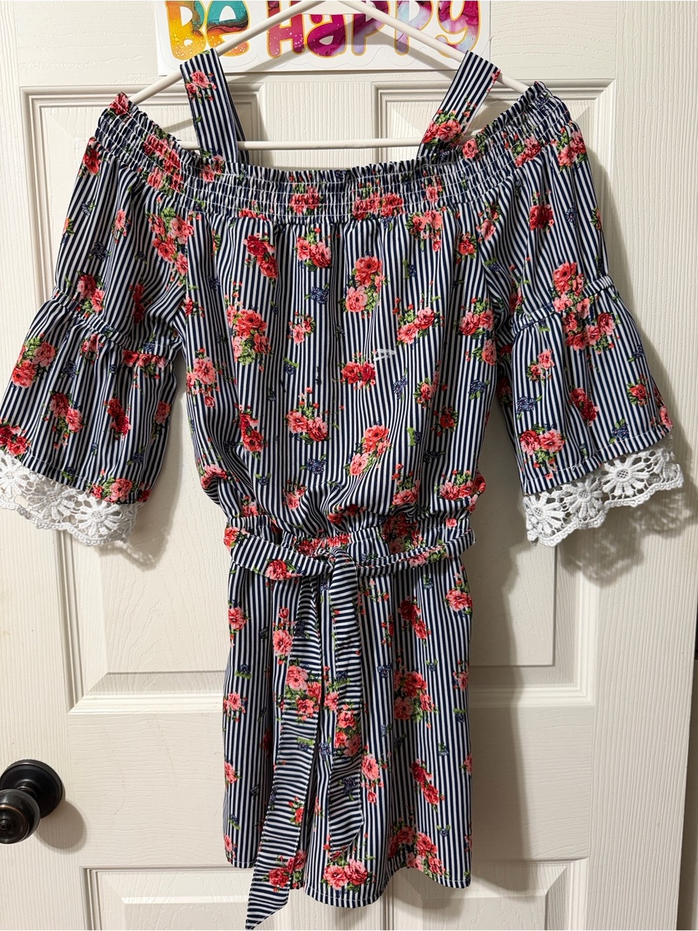My Michelle Navy & White Striped Floral Cold-Shoulder One-Piece